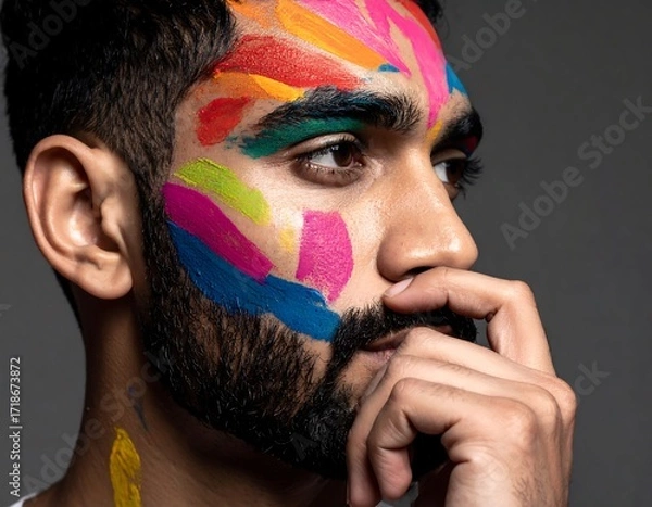 Fototapeta Close-up portrait of a man with colorful face paint