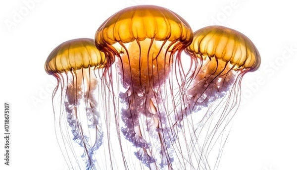 Fototapeta Three golden jellyfish against white