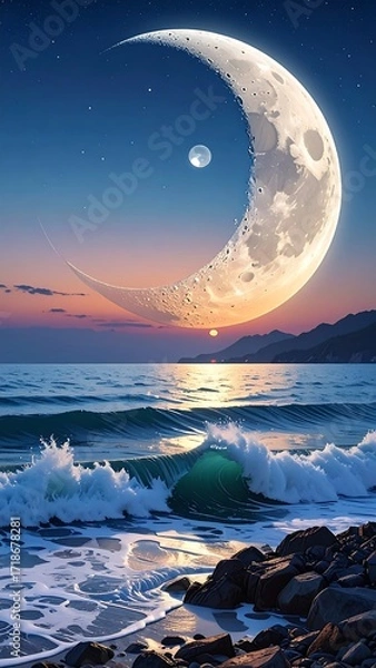 Obraz Moonlit seascape, vibrant sunset