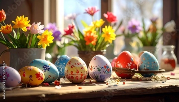 Obraz Easter eggs and flowers in a rustic setting