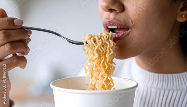 Obraz Young Woman Eating Instant Noodles From a Cup with a Fork.