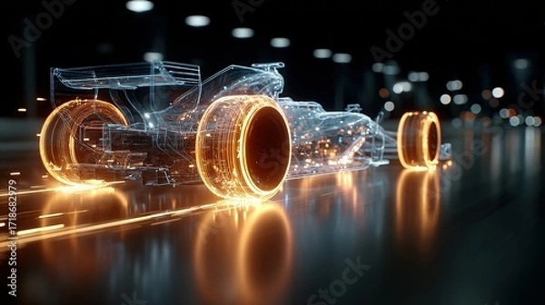 Fototapeta Glowing race car with orange wheels on a reflective dark surface.