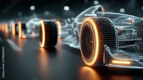 Fototapeta Abstract race car with glowing orange tires on a dark reflective surface.