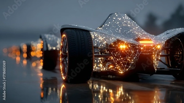 Fototapeta Futuristic vehicle with glowing lights on a wet surface at dusk.