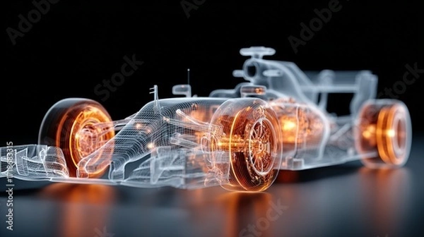 Fototapeta Formula one car wireframe with glowing orange details on a black background.