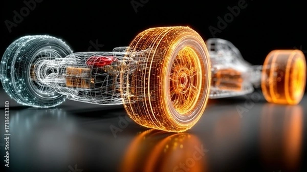 Fototapeta Abstract glowing car chassis with wheels on a dark reflective surface.