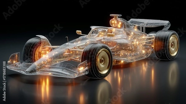 Fototapeta Transparent formula one race car with visible internal components on a dark surface.