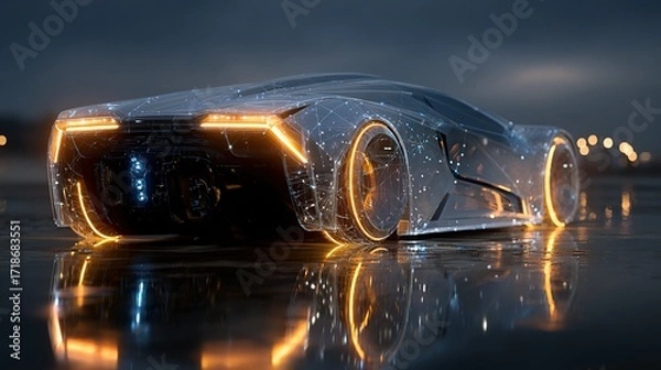 Fototapeta Futuristic car with glowing orange lights reflected on a wet surface at night.