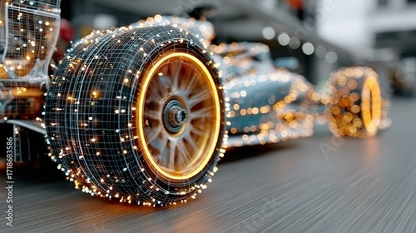 Fototapeta Formula one race car tire with lights on a textured surface.
