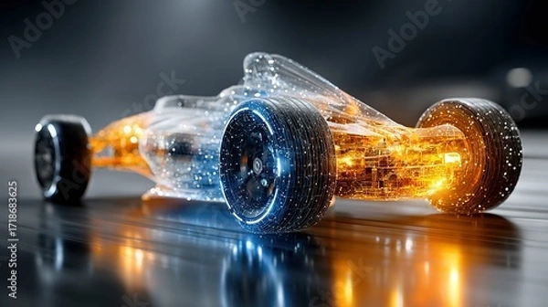 Fototapeta Abstract glowing race car model with blue and orange light on reflective surface.