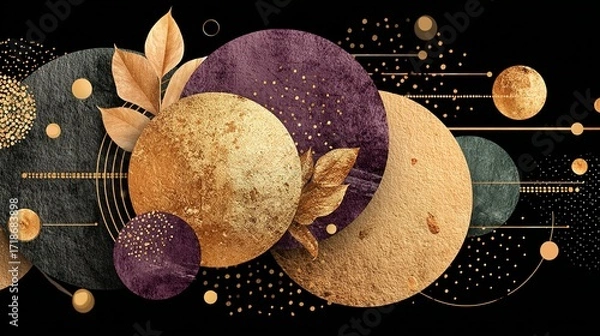 Fototapeta Abstract art with circles golden leaves and glitter on a dark background.