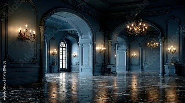 Fototapeta Interior view of a large hall with arches chandeliers and reflective floor.