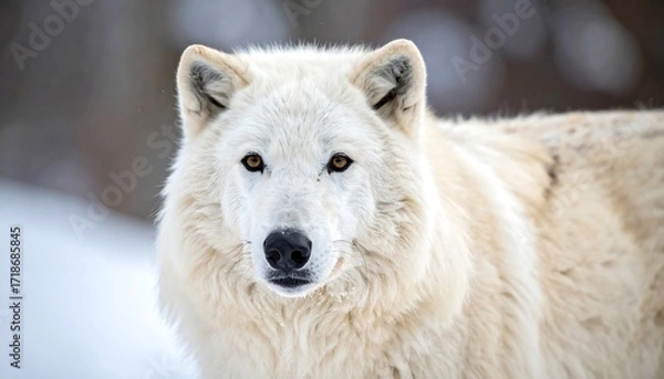 Fototapeta Close-up portrait of a white wolf in snowy woods