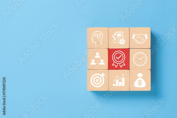 Fototapeta Business process management, Businessman plan a project with wooden blocks with icon business strategy on blue background