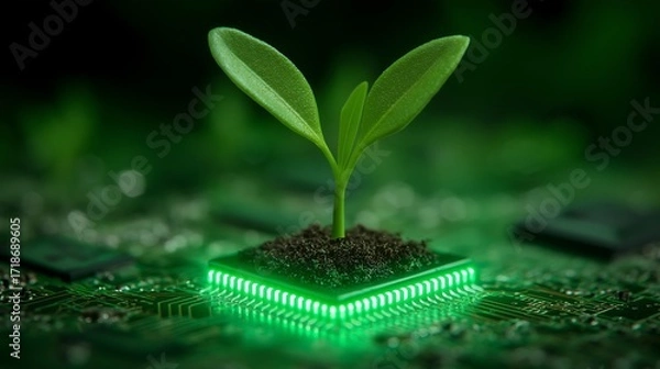 Fototapeta Sustainable future concept showing seedling growing from computer chip, symbolizing technology and nature, green technology solutions, environmental awareness