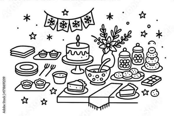 Fototapeta Festive Dessert Doodle. Hand-drawn doodle illustration [festive dessert table setup] [cake stand, mini tarts, snowflake bunting, napkin stack, plates, dessert