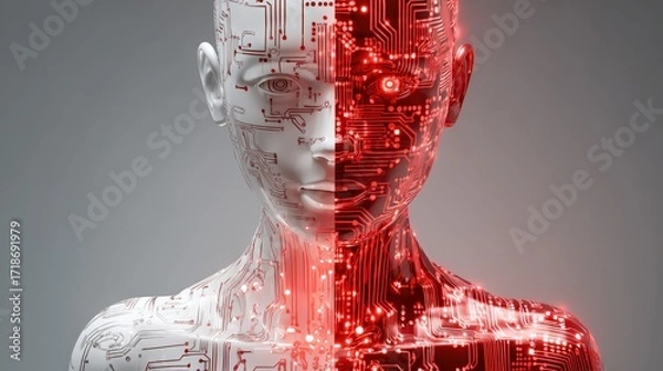 Fototapeta A humanoid robot's upper body is divided into white and red sides displaying circuit board patterns against a neutral gray background image.