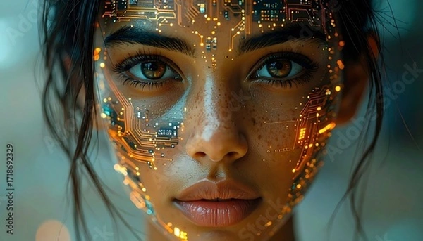 Fototapeta Close-up portrait of a woman with a circuit board face
