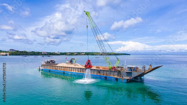Fototapeta Marine Dredging Barge with Crane Excavating Seabed Soil