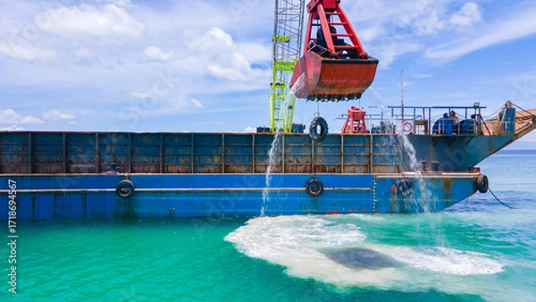 Fototapeta Marine Dredging Barge with Crane Excavating Seabed Soil