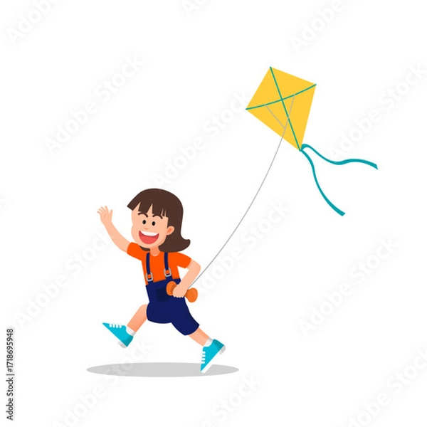 Fototapeta A little girl running while flying a kite