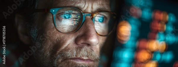 Fototapeta Focused older individual in glasses working on computer looking at programming code data. Older individuals navigate technology. Cyber security digital tech reflecting. Generative Ai content