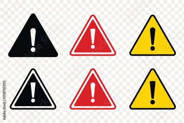 Fototapeta Set of danger triangle vector icon on isolated transparent background, caution, warning icon, exclamation marks, attention, error. vector illustration