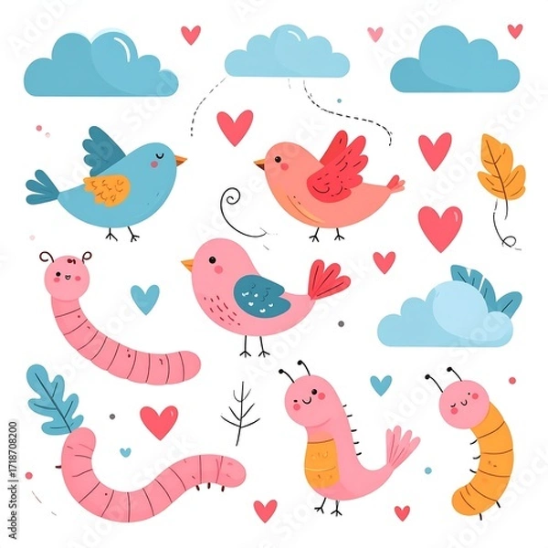 Fototapeta Cute birds and worms in a springy scene