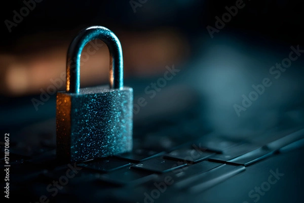 Fototapeta Laptop with digital padlock png, data and cyber security concept, transparent background, passwords management, business documents, online security, isolated
