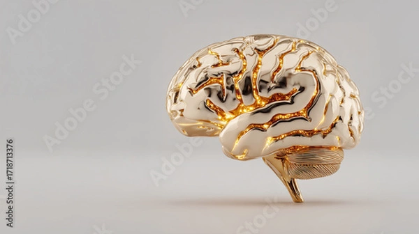 Fototapeta Golden brain with glowing neural pathways on light background, symbolizing artificial intelligence, innovation, knowledge, creativity, and advanced technology. 