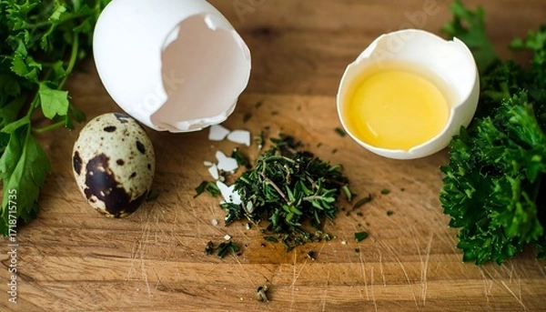 Obraz Eggs and herbs on a wooden board