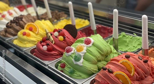 Fototapeta Vibrant Italian Gelato Display with a Delicious Assortment of Colorful Flavors and Toppings