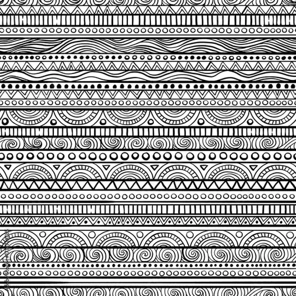 Fototapeta Hand drawn black and white boho chic tribal ethnic seamless pattern, textile texture and ornate motif, mixed media design for fabric, wallpaper, wrapping paper, fashion prints and decorative art 