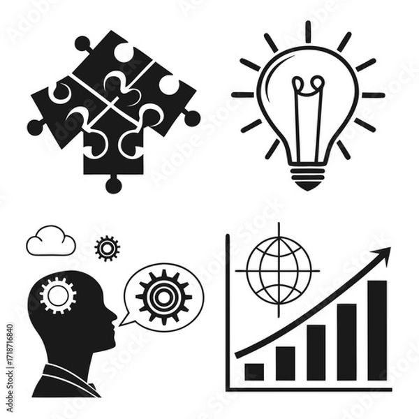 Obraz Business strategy icons with globe and thinking gears Keywords: puzzle, jigsaw, pieces, head