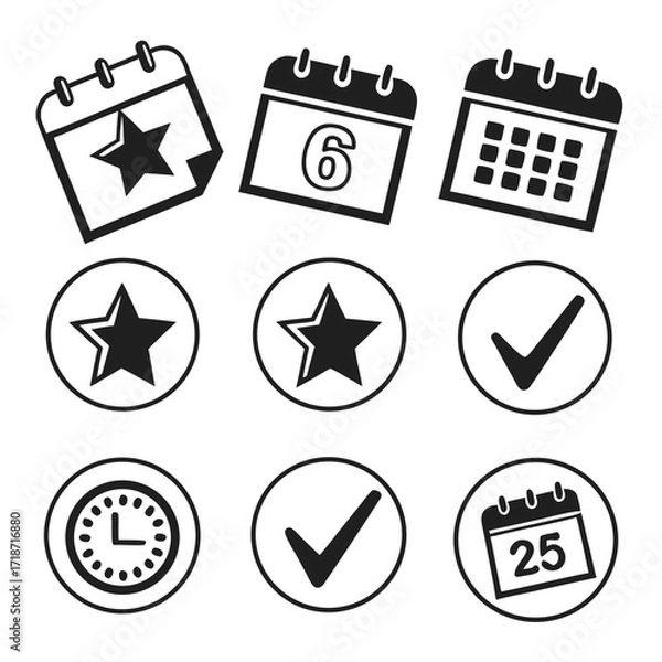 Fototapeta Calendar and time icons with stars and checkmarks date