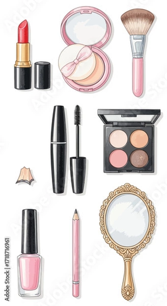 Obraz Hand-drawn watercolor clip art set of makeup essentials isolated on a clean white background