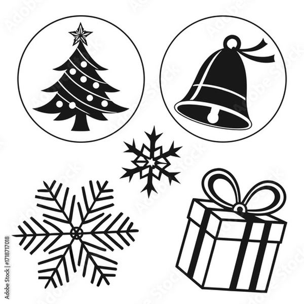 Obraz Christmas Icons Including Tree Bell Snowflakes and Gift Box