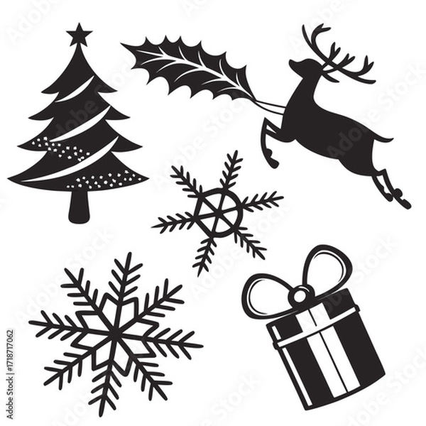 Obraz Christmas icons: tree, reindeer, snowflakes, and gift box