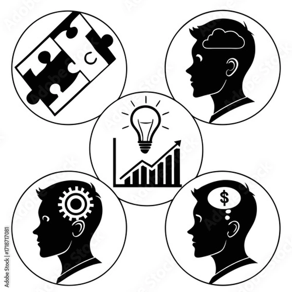 Fototapeta Circular icons of business concepts and ideas Keywords: puzzle, jigsaw, pieces, head, silhouette