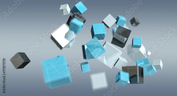 Fototapeta Floating blue shiny cube network 3D rendering