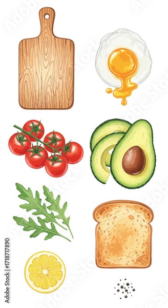 Obraz Watercolor clip art set of rustic breakfast essentials including board, egg, avocado, tomatoes, arugula, lemon, toast