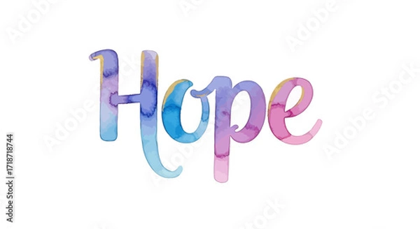 Obraz Artistic watercolor word 'Hope' in serene ocean blue hues on white background, conveying optimism