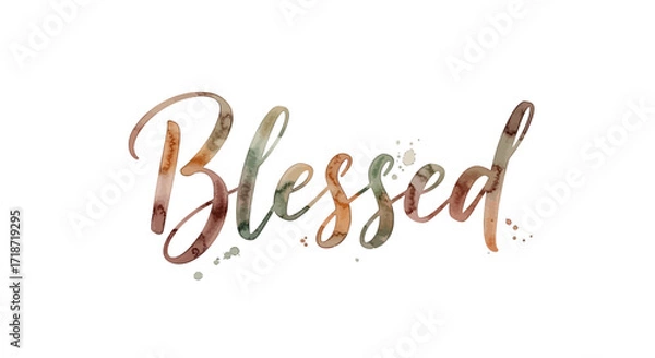 Obraz Vibrant watercolor calligraphy of the word Blessed with artistic paint splashes and splatters