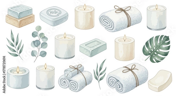 Obraz Serene spa and wellness watercolor clipart set featuring soaps, rolled towels, and eucalyptus leaves