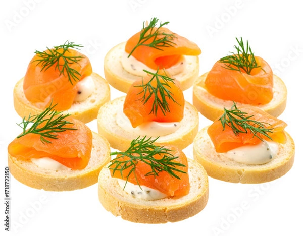 Fototapeta “Gourmet Salmon Canapés with Dill Garnish, isolated on a transparent background”.