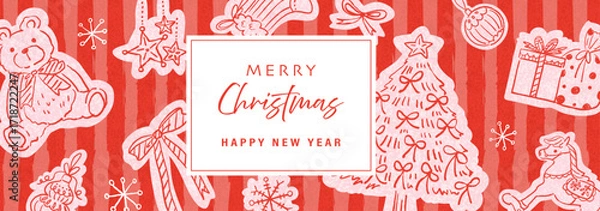 Fototapeta Christmas and new year cute banner template with hand drawn minImal line art. Vector file.