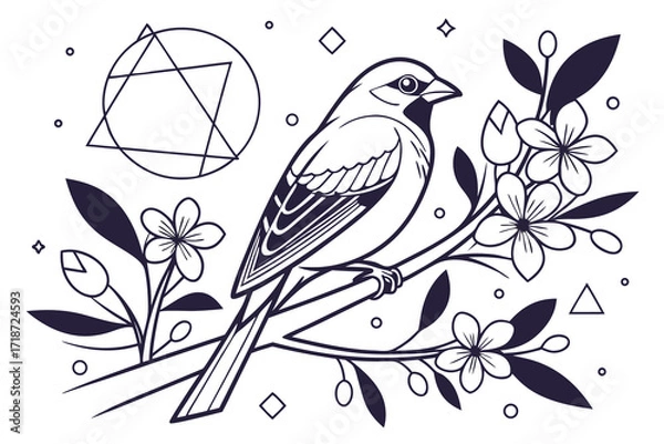 Fototapeta Bird on a branch with geometric shapes animal illustration