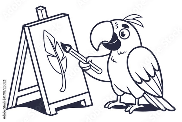Fototapeta Cartoon Parrot Painting a Feather on an Easel Keywords: parrot, bird, painting, easel, art