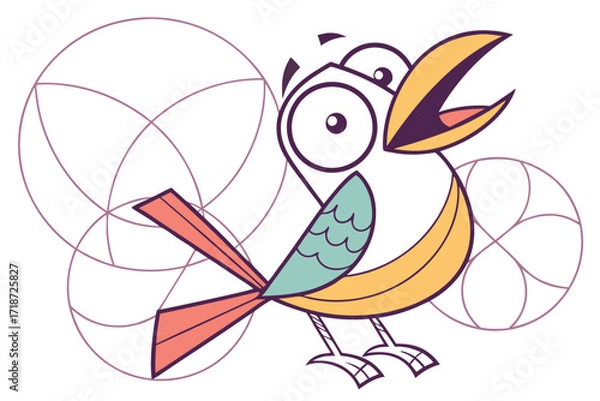 Fototapeta Exaggerated Cartoon Bird with Geometric Circles Keywords: bird, cartoon, exaggerated, eyes