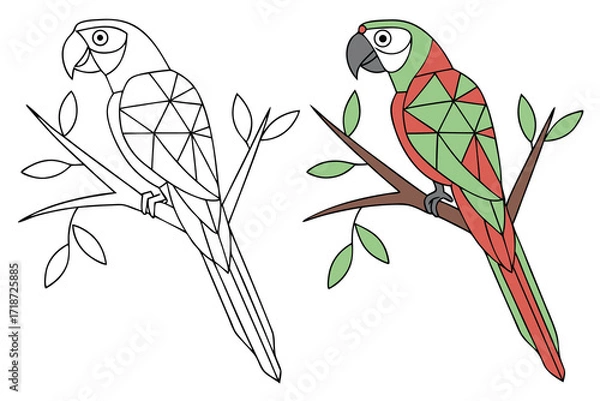 Fototapeta Green and Red Parrot on Branch Outline Keywords: parrot, bird, green, red, branch, tree, leaves